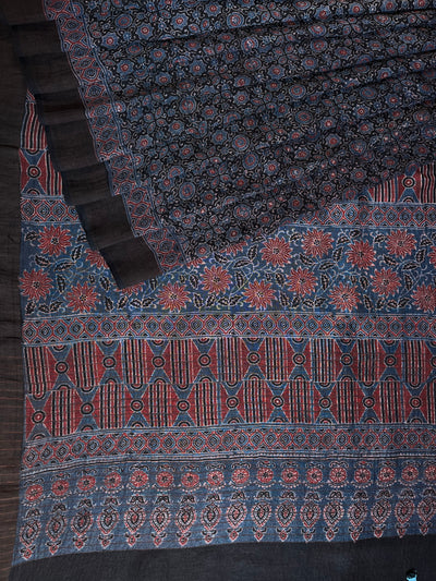 BHAIRAVI :HANDBLOCK AJRAKH PURE SILK-LINEN SAREE