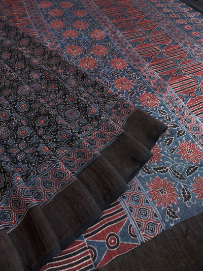 BHAIRAVI :HANDBLOCK AJRAKH PURE SILK-LINEN SAREE