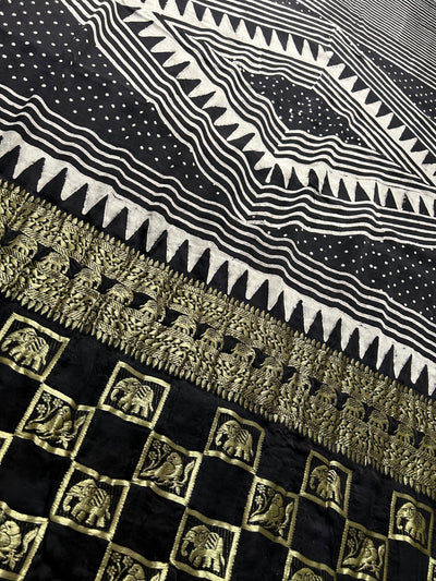 BADHAAI : Handblock Printed Ajrakh Modal Silk Meenakari Pallu Saree