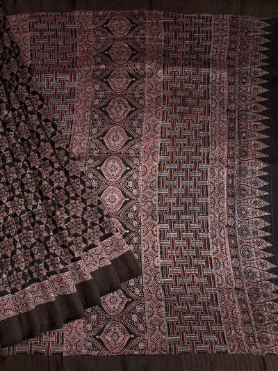 RAGINI :HANDBLOCK AJRAKH PURE SILK-LINEN SAREE
