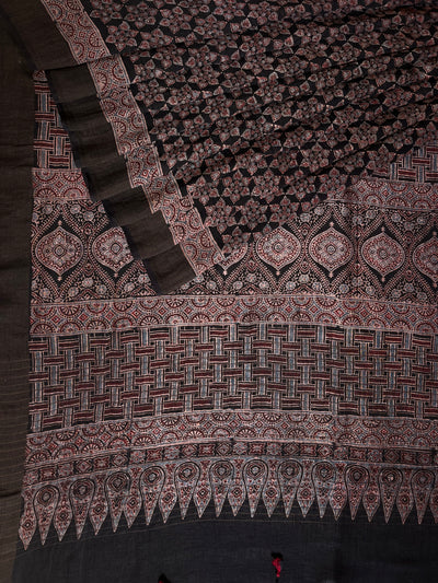 RAGINI :HANDBLOCK AJRAKH PURE SILK-LINEN SAREE