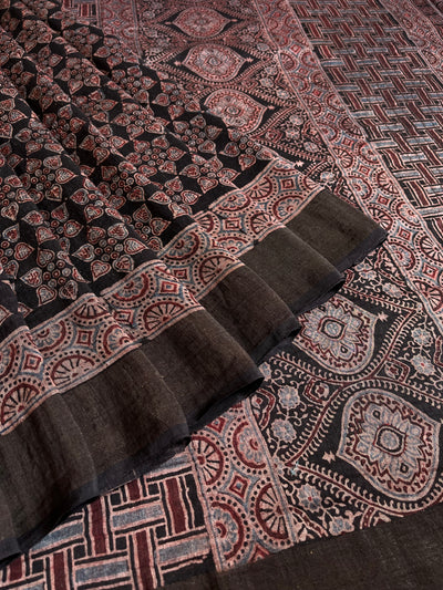 RAGINI :HANDBLOCK AJRAKH PURE SILK-LINEN SAREE