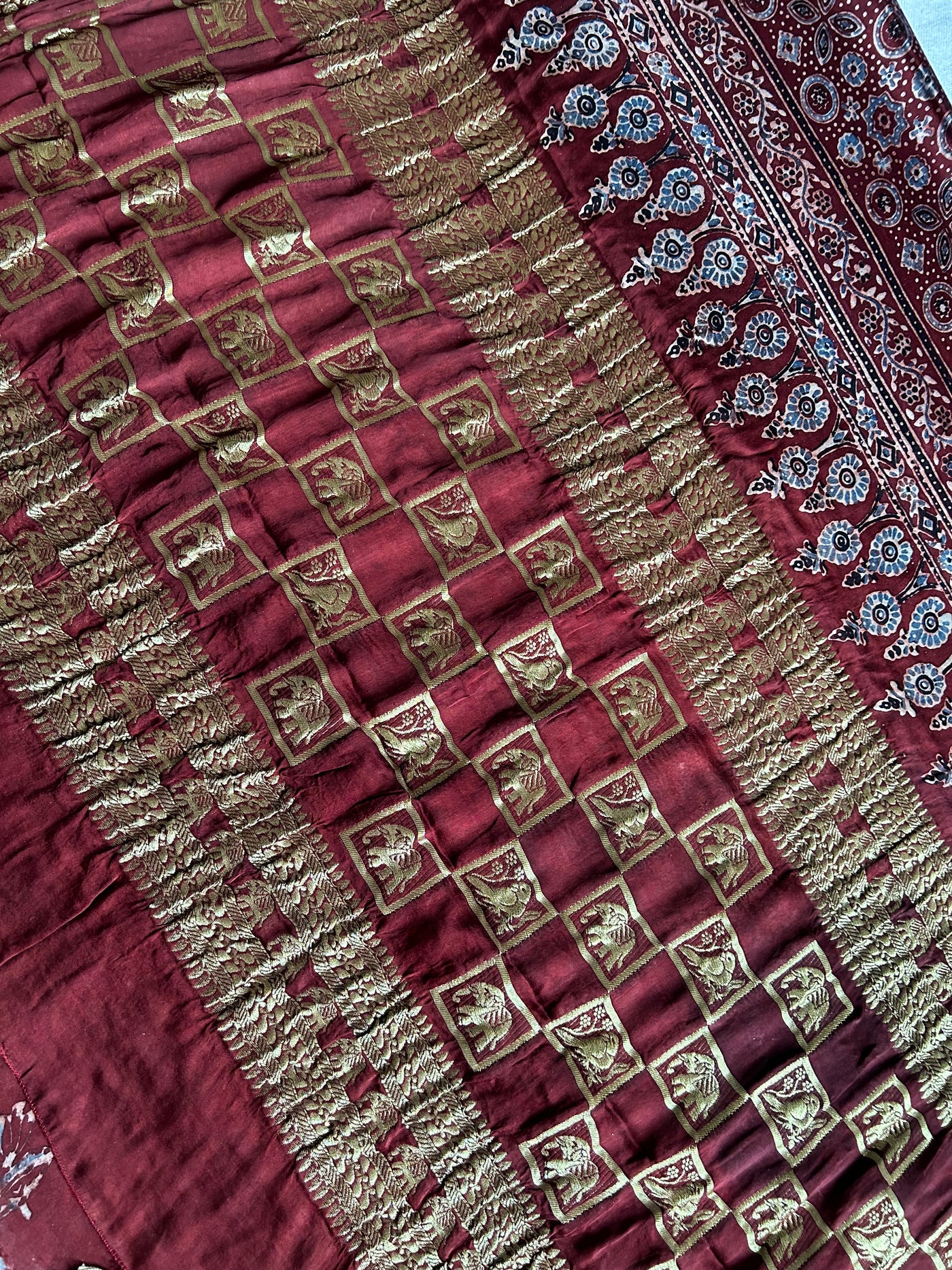 APARNA: Handblock Modal Silk Tissue Ajrakh Saree