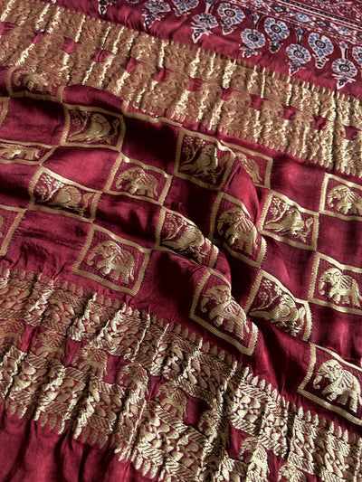 APARNA: Handblock Modal Silk Tissue Ajrakh Saree