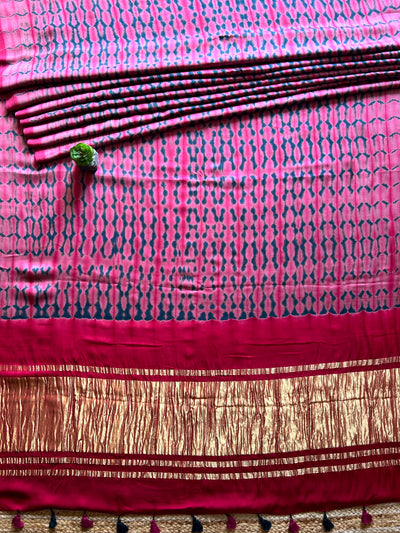 PINK CANDY: HANDMADE TIE&DYE MODAL SILK SAREE WITH TISSUE PALLU