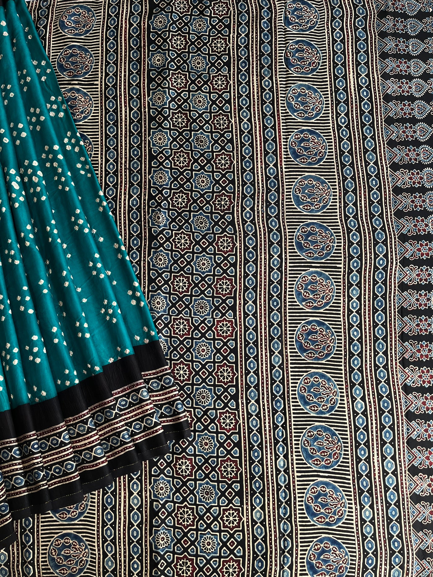 Hari Sari:HANDMADE AJRAKH BANDHEJ MODAL SILK SAREE