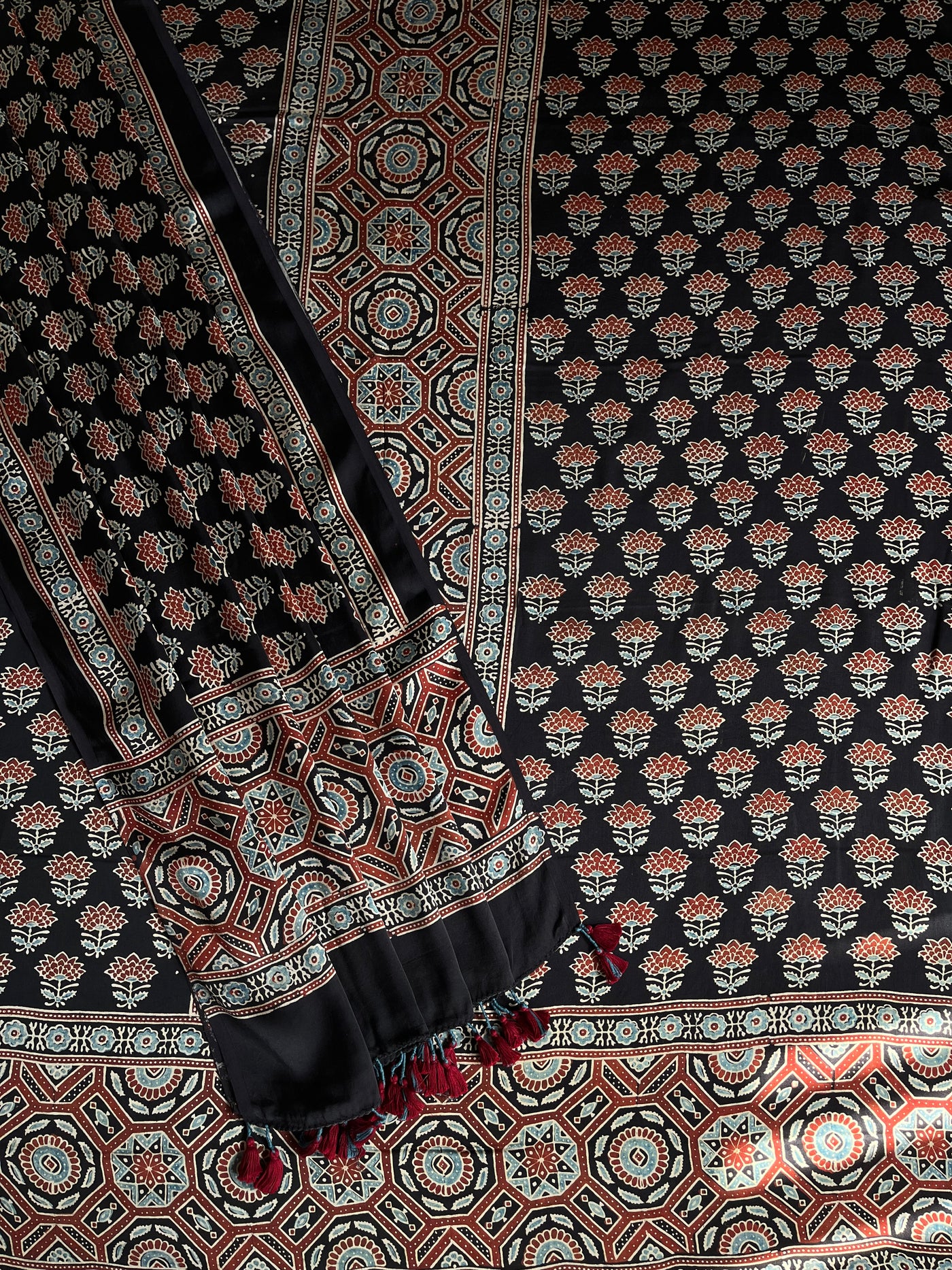 KUMUDINI :Handblock Ajrakh Modal Silk 2 piece Suit