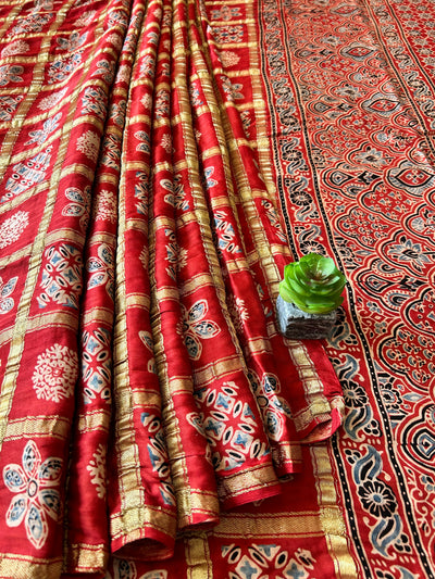 DEEPALI:MADDER,HANDBLOCK AJRAKH MODAL SILK GHARCHOLA SAREE