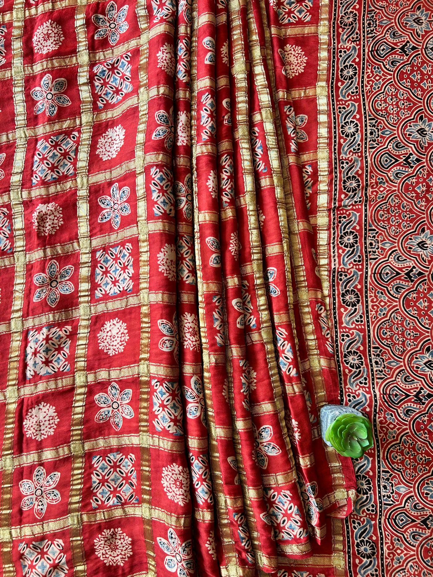 DEEPALI:MADDER,HANDBLOCK AJRAKH MODAL SILK GHARCHOLA SAREE