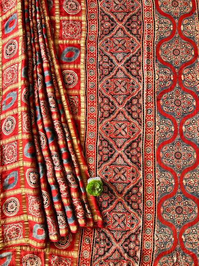 KAVITA:MADDER,HANDBLOCK AJRAKH MODAL SILK GHARCHOLA SAREE