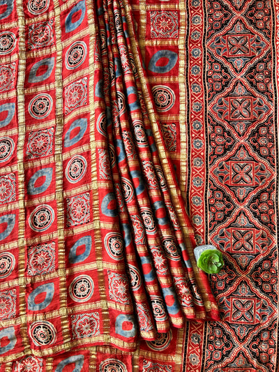 KAVITA:MADDER,HANDBLOCK AJRAKH MODAL SILK GHARCHOLA SAREE