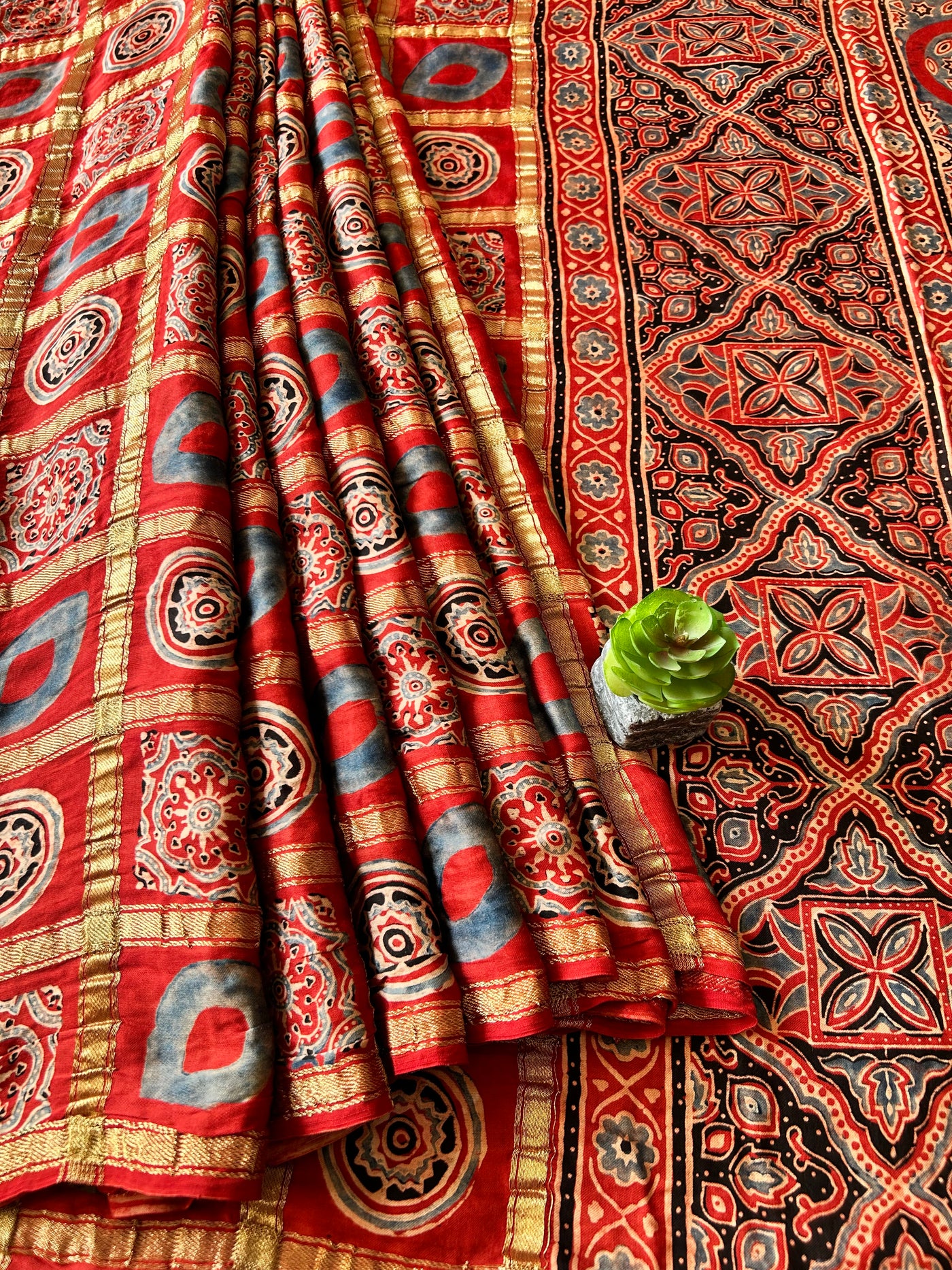 KAVITA:MADDER,HANDBLOCK AJRAKH MODAL SILK GHARCHOLA SAREE