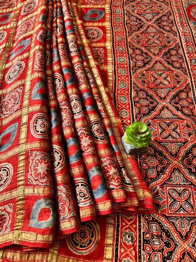 KAVITA:MADDER,HANDBLOCK AJRAKH MODAL SILK GHARCHOLA SAREE
