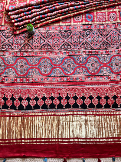 KAVITA:MADDER,HANDBLOCK AJRAKH MODAL SILK GHARCHOLA SAREE