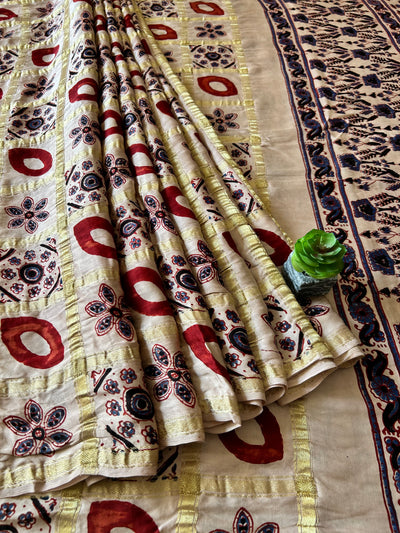 KIARA:CREAM,HANDBLOCK AJRAKH MODAL SILK GHARCHOLA SAREE