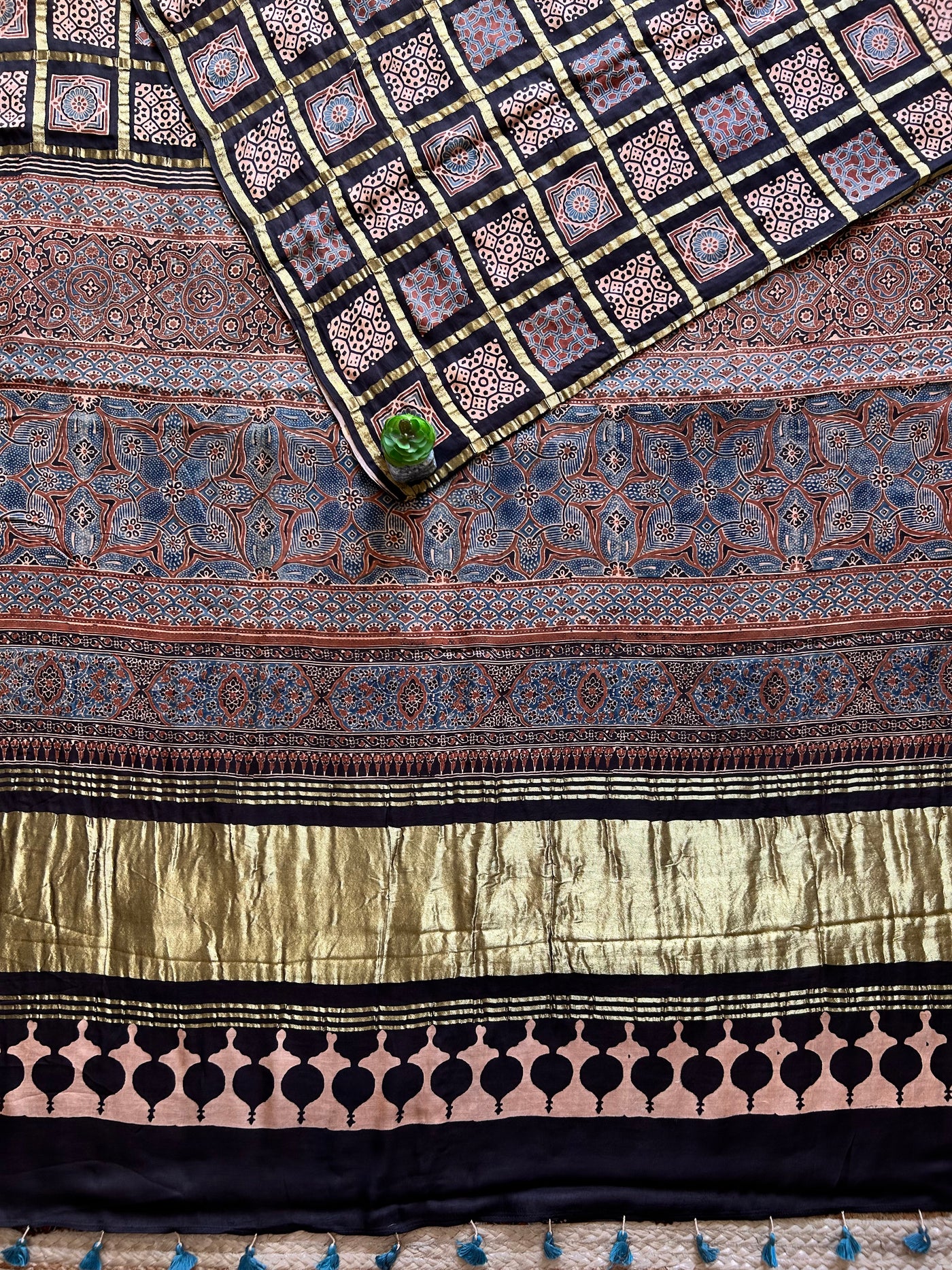 ADHIRA:BLACK,HANDBLOCK AJRAKH MODAL SILK GHARCHOLA SAREE