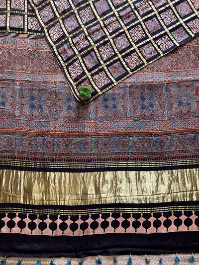ADHIRA:BLACK,HANDBLOCK AJRAKH MODAL SILK GHARCHOLA SAREE