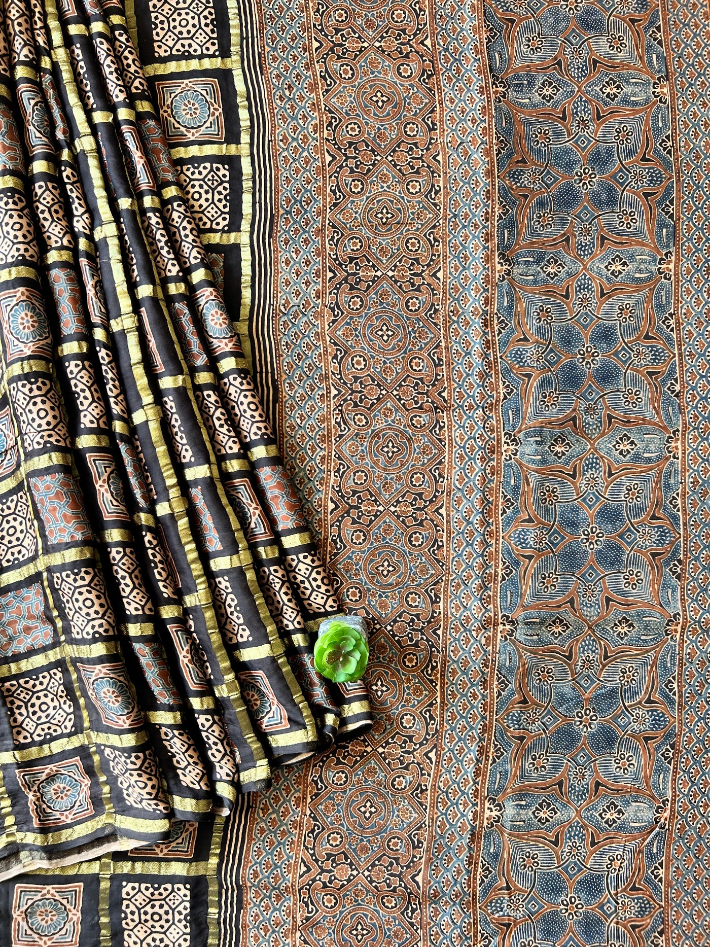 ADHIRA:BLACK,HANDBLOCK AJRAKH MODAL SILK GHARCHOLA SAREE