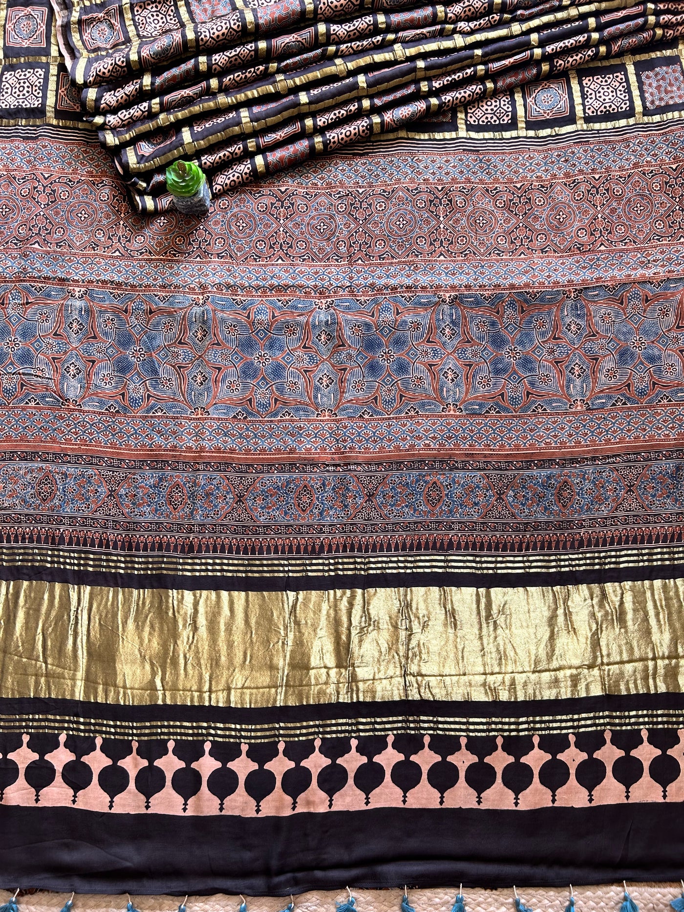 ADHIRA:BLACK,HANDBLOCK AJRAKH MODAL SILK GHARCHOLA SAREE
