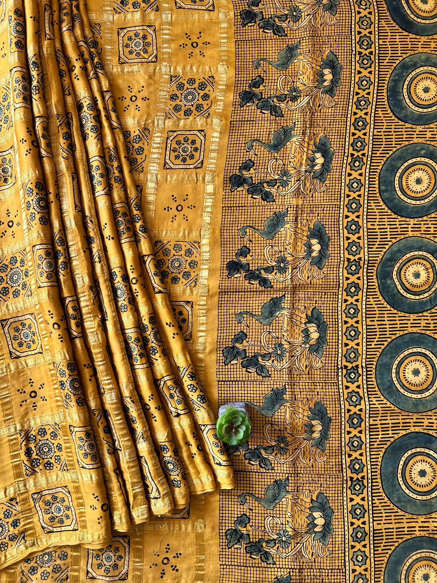 RAUNAK:YELLOW,HANDBLOCK AJRAKH MODAL SILK GHARCHOLA SAREE