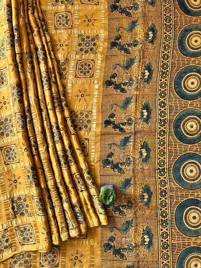 RAUNAK:YELLOW,HANDBLOCK AJRAKH MODAL SILK GHARCHOLA SAREE