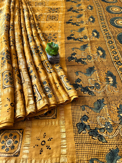 RAUNAK:YELLOW,HANDBLOCK AJRAKH MODAL SILK GHARCHOLA SAREE