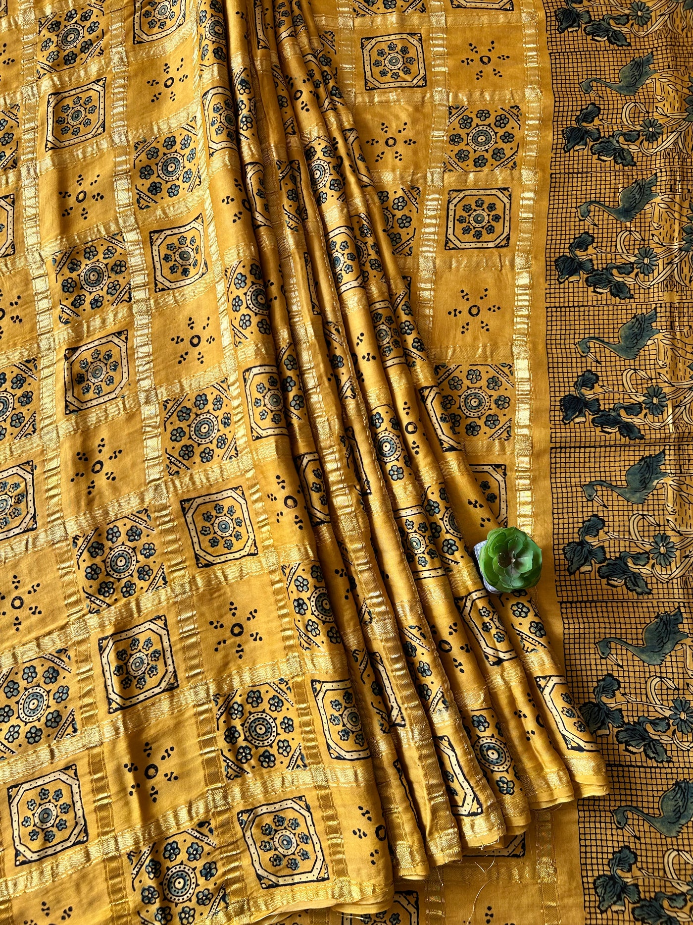 RAUNAK:YELLOW,HANDBLOCK AJRAKH MODAL SILK GHARCHOLA SAREE