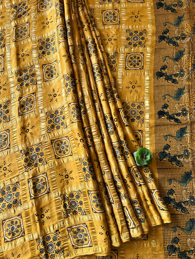RAUNAK:YELLOW,HANDBLOCK AJRAKH MODAL SILK GHARCHOLA SAREE