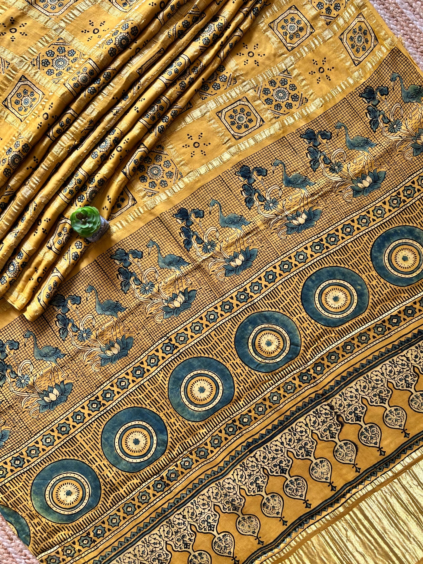 RAUNAK:YELLOW,HANDBLOCK AJRAKH MODAL SILK GHARCHOLA SAREE
