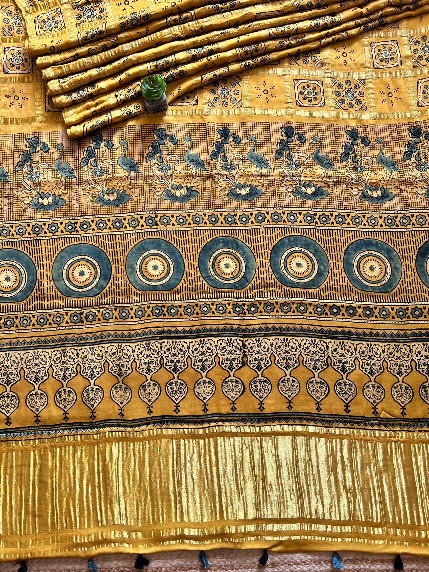 RAUNAK:YELLOW,HANDBLOCK AJRAKH MODAL SILK GHARCHOLA SAREE