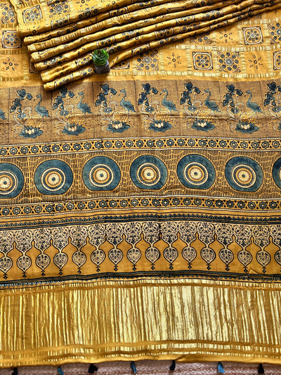 RAUNAK:YELLOW,HANDBLOCK AJRAKH MODAL SILK GHARCHOLA SAREE
