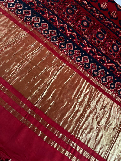GANDHARI: HANDBLOCK AJRAKH MODAL SILK SAREE WITH TISSUE PALLU