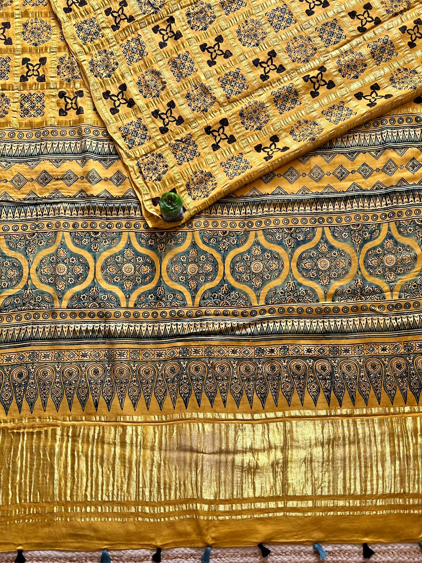 SUNHARI:YELLOW,HANDBLOCK AJRAKH MODAL SILK GHARCHOLA SAREE