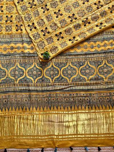 SUNHARI:YELLOW,HANDBLOCK AJRAKH MODAL SILK GHARCHOLA SAREE