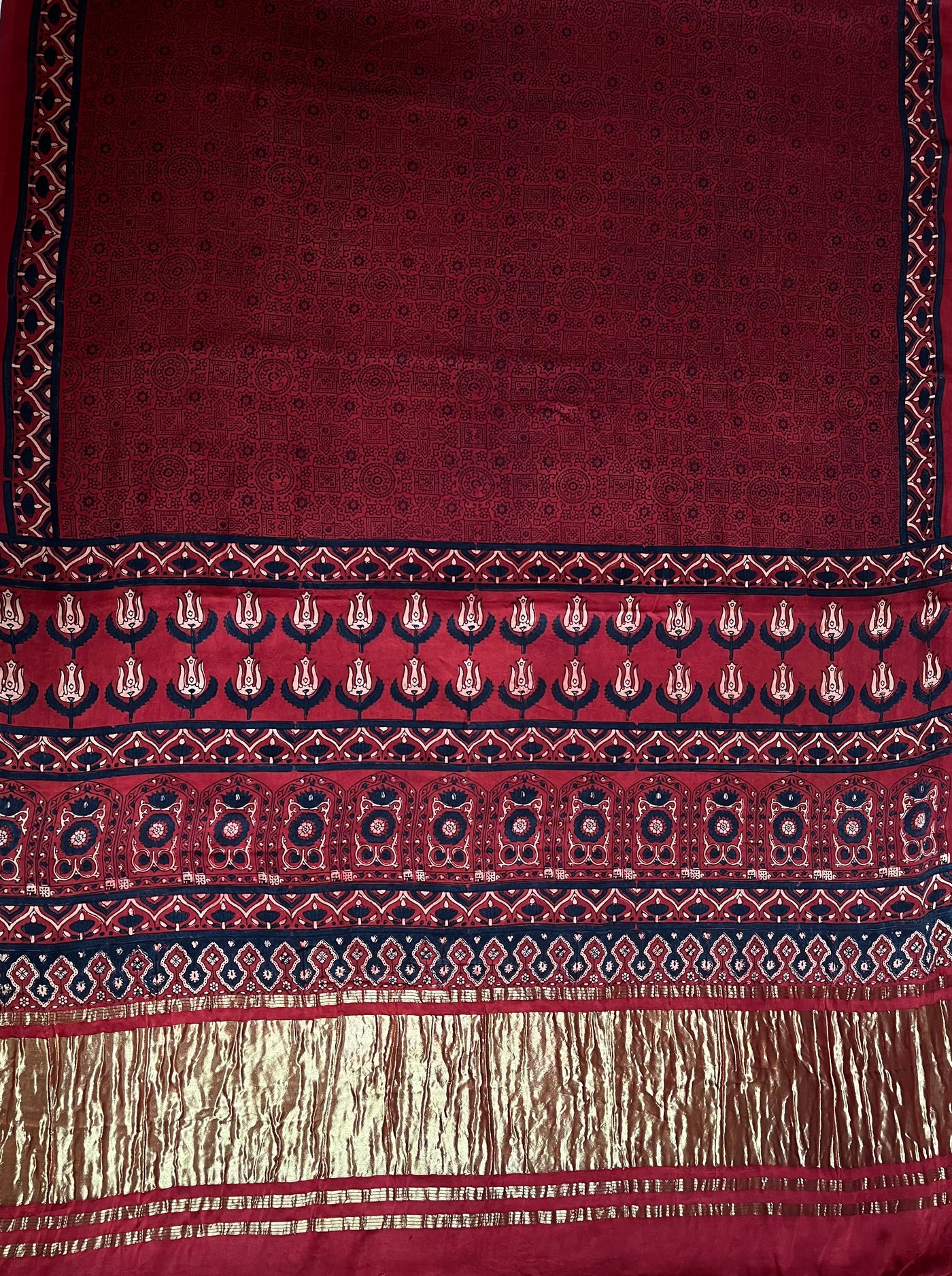 GANDHARI: HANDBLOCK AJRAKH MODAL SILK SAREE WITH TISSUE PALLU