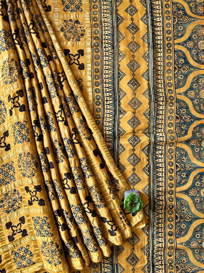 SUNHARI:YELLOW,HANDBLOCK AJRAKH MODAL SILK GHARCHOLA SAREE