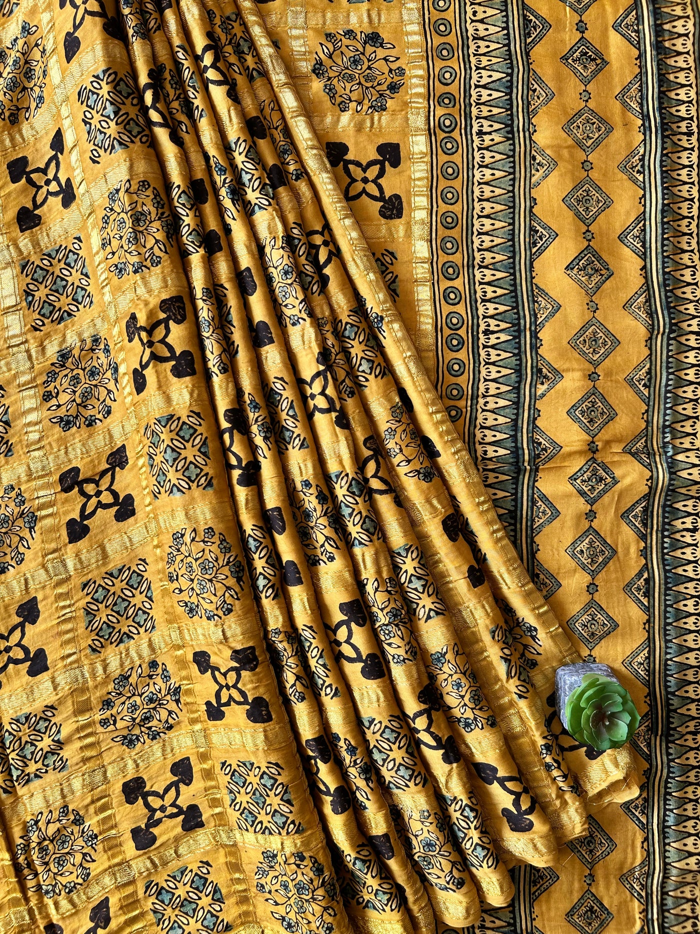 SUNHARI:YELLOW,HANDBLOCK AJRAKH MODAL SILK GHARCHOLA SAREE
