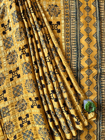 SUNHARI:YELLOW,HANDBLOCK AJRAKH MODAL SILK GHARCHOLA SAREE