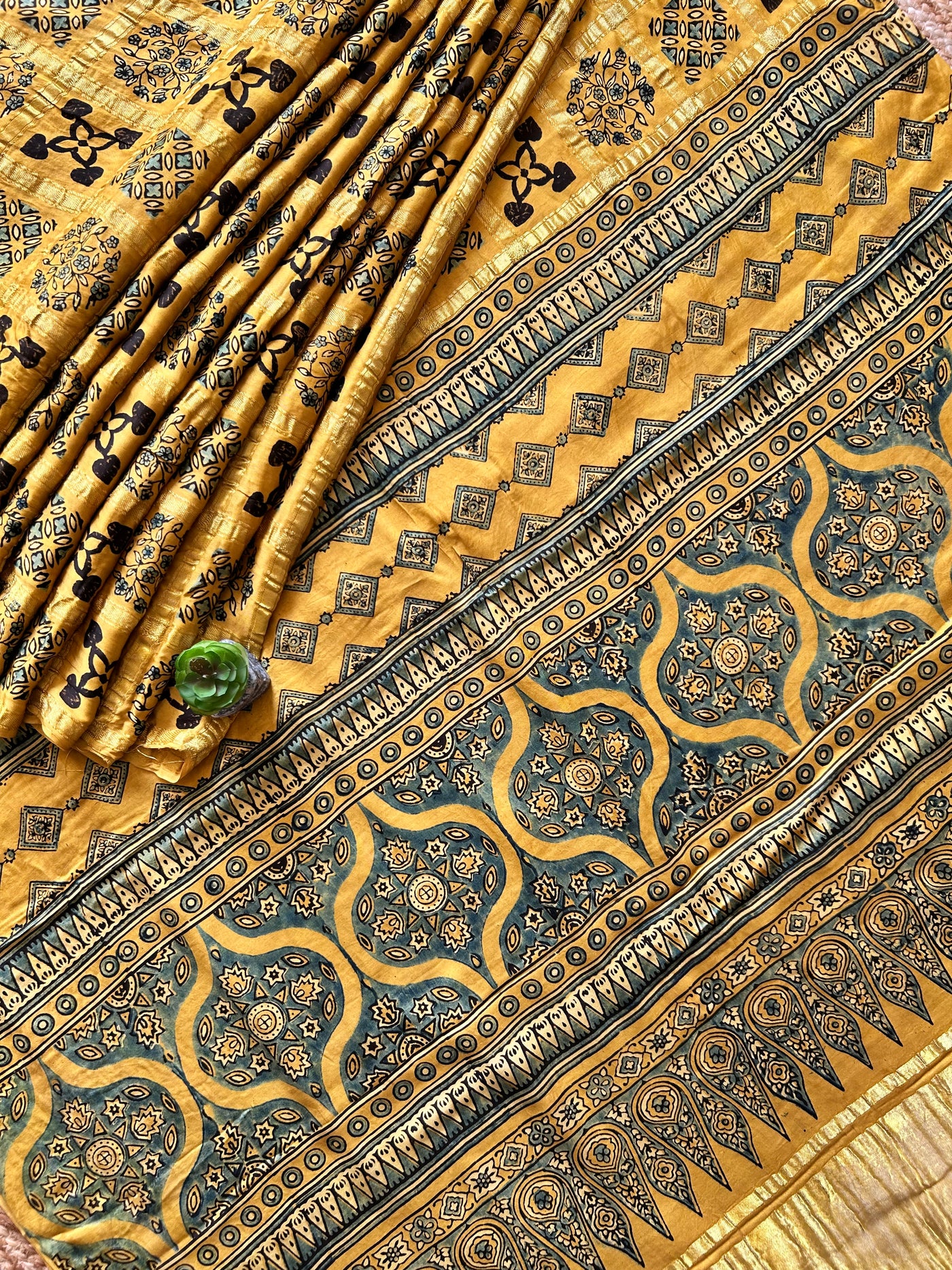 SUNHARI:YELLOW,HANDBLOCK AJRAKH MODAL SILK GHARCHOLA SAREE