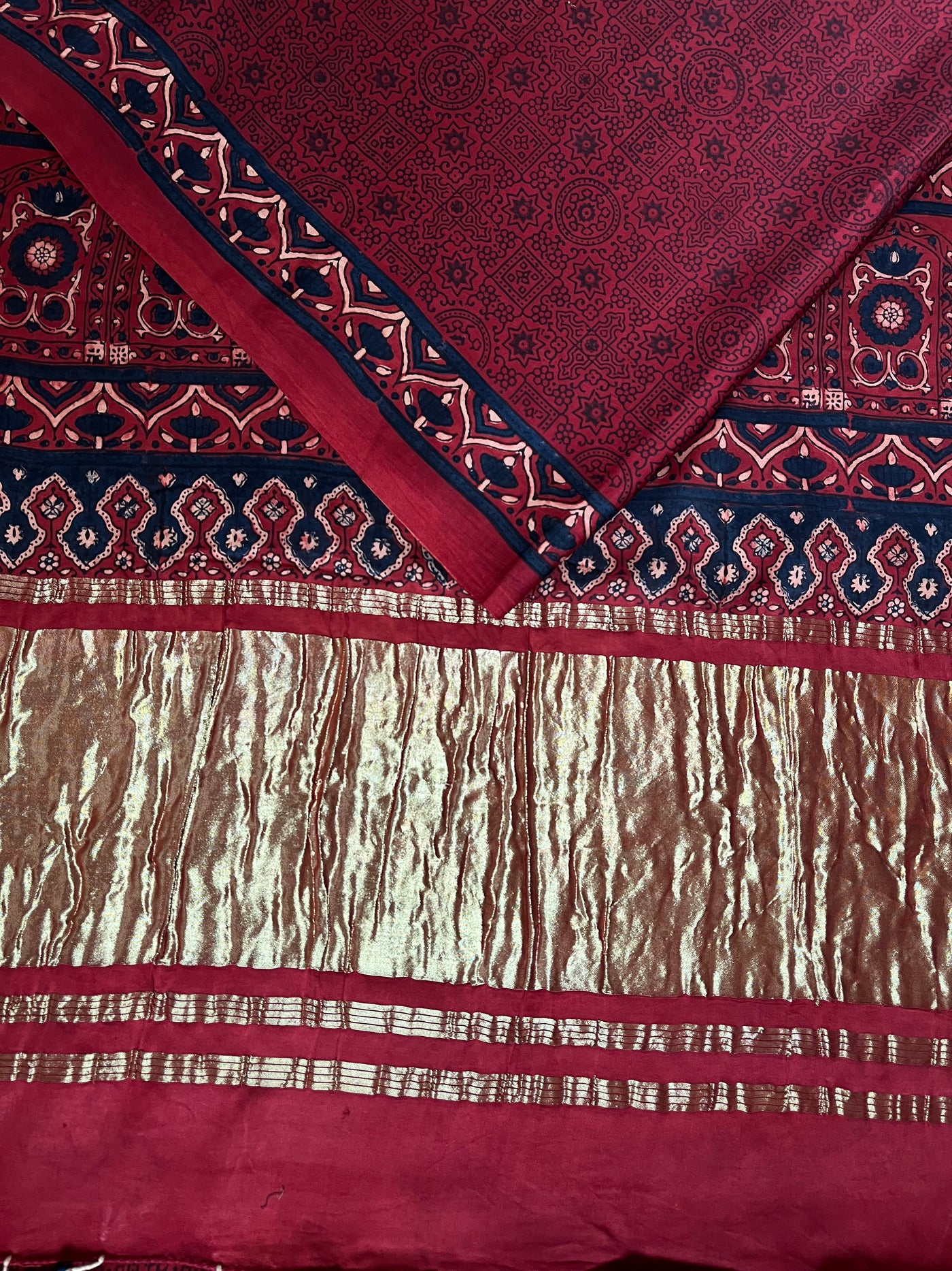 GANDHARI: HANDBLOCK AJRAKH MODAL SILK SAREE WITH TISSUE PALLU