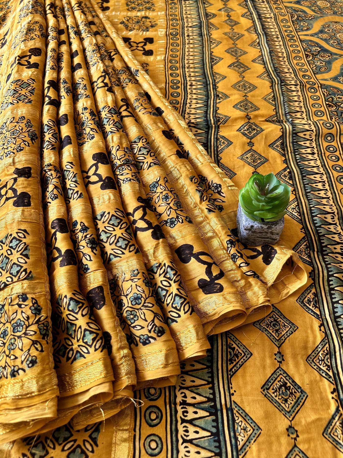 SUNHARI:YELLOW,HANDBLOCK AJRAKH MODAL SILK GHARCHOLA SAREE