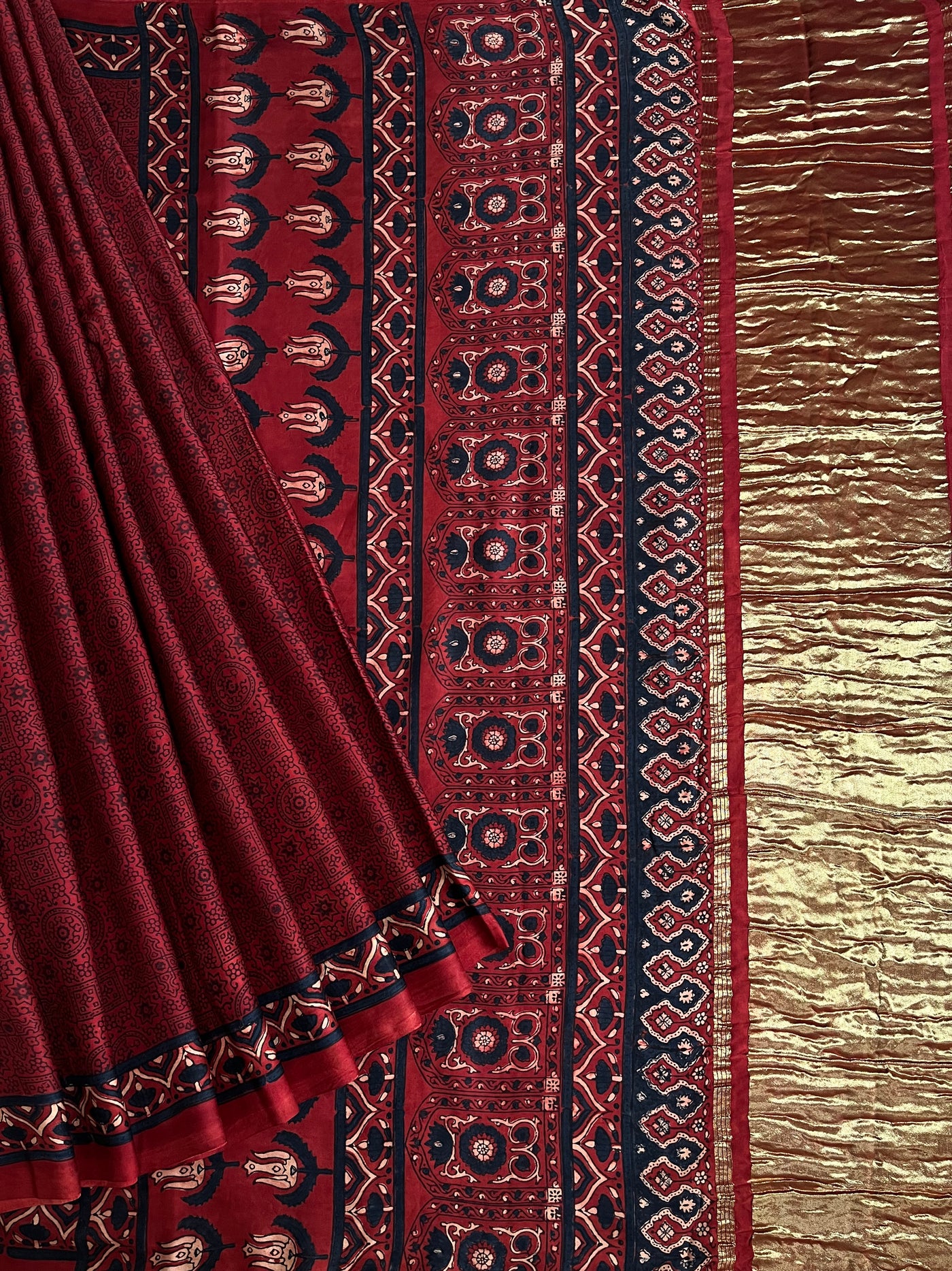 GANDHARI: HANDBLOCK AJRAKH MODAL SILK SAREE WITH TISSUE PALLU