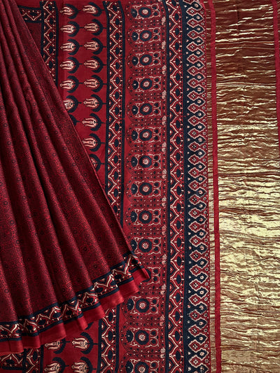 GANDHARI: HANDBLOCK AJRAKH MODAL SILK SAREE WITH TISSUE PALLU