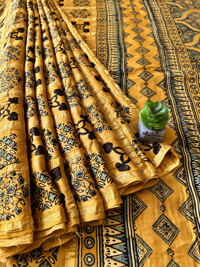 SUNHARI:YELLOW,HANDBLOCK AJRAKH MODAL SILK GHARCHOLA SAREE