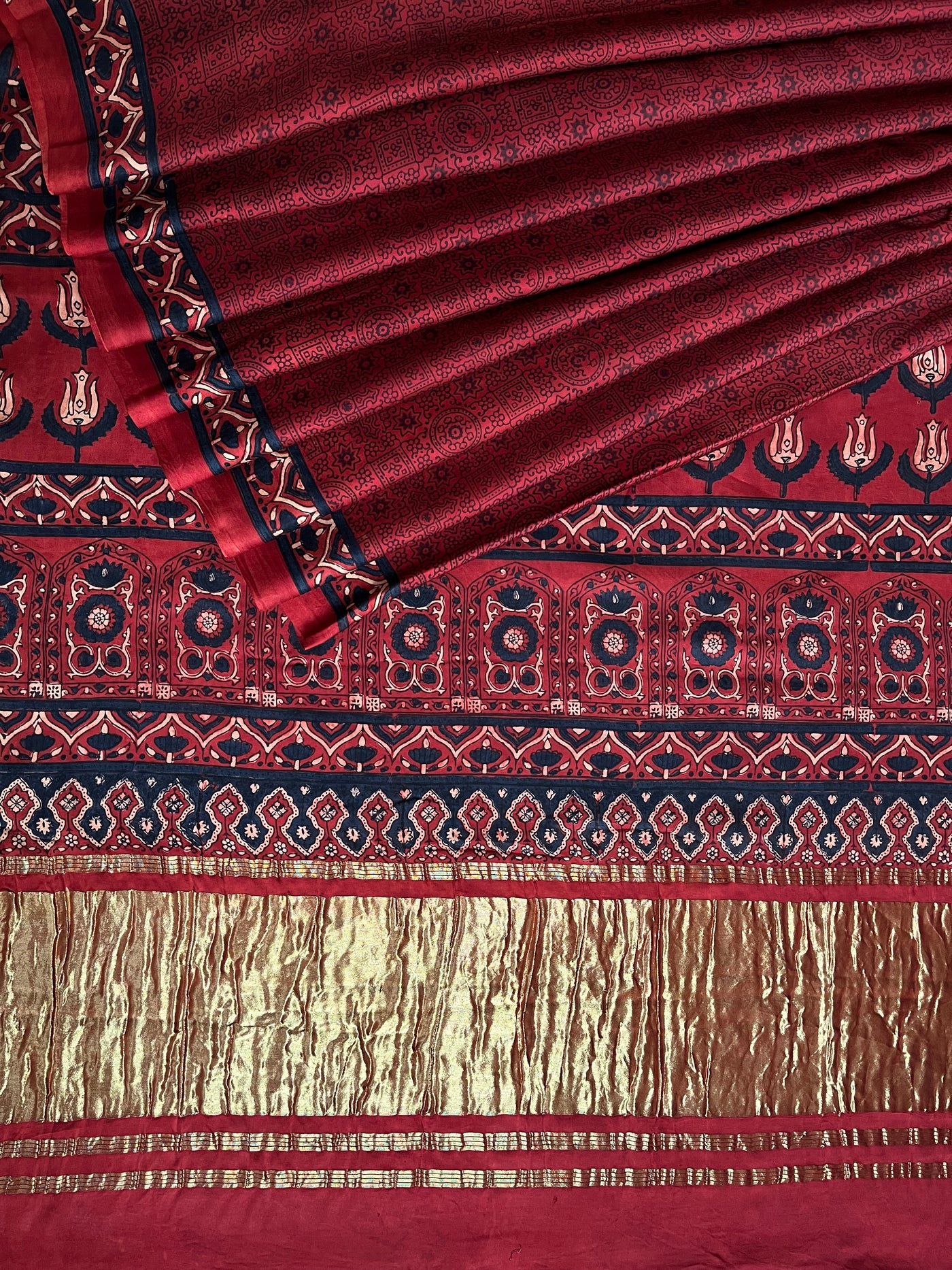 GANDHARI: HANDBLOCK AJRAKH MODAL SILK SAREE WITH TISSUE PALLU