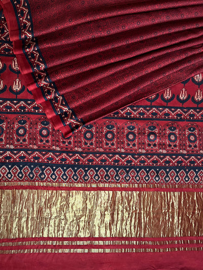 GANDHARI: HANDBLOCK AJRAKH MODAL SILK SAREE WITH TISSUE PALLU
