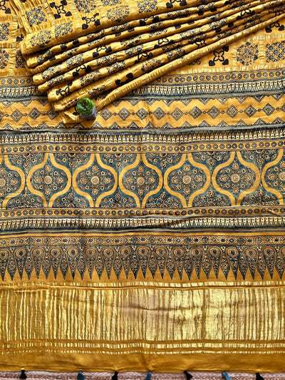 SUNHARI:YELLOW,HANDBLOCK AJRAKH MODAL SILK GHARCHOLA SAREE
