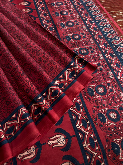 GANDHARI: HANDBLOCK AJRAKH MODAL SILK SAREE WITH TISSUE PALLU