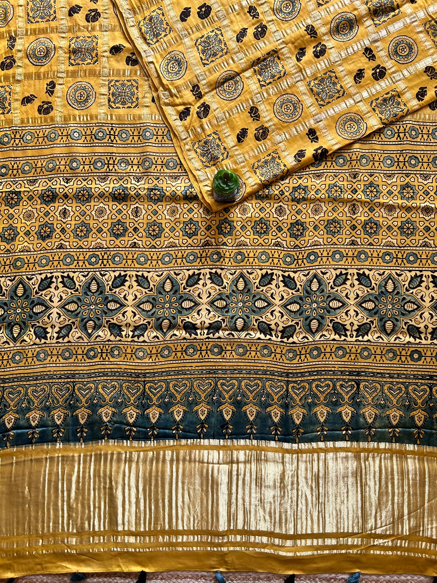 KIRAN:YELLOW,HANDBLOCK AJRAKH MODAL SILK GHARCHOLA SAREE