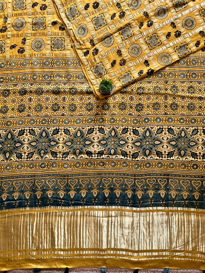 KIRAN:YELLOW,HANDBLOCK AJRAKH MODAL SILK GHARCHOLA SAREE